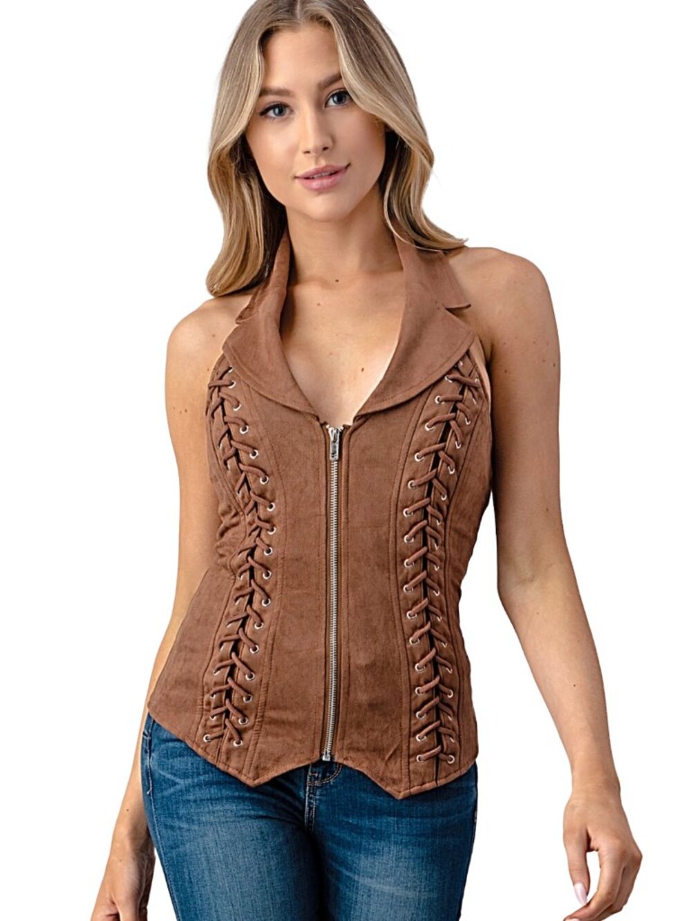Rebel Brown Faux Suede Halter Vest | Lace‑Up Sides | Lydia